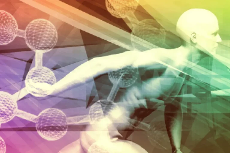 Abstract digital artwork of a human figure interacting with molecular structures, representing the Science Behind Hormone Therapy.