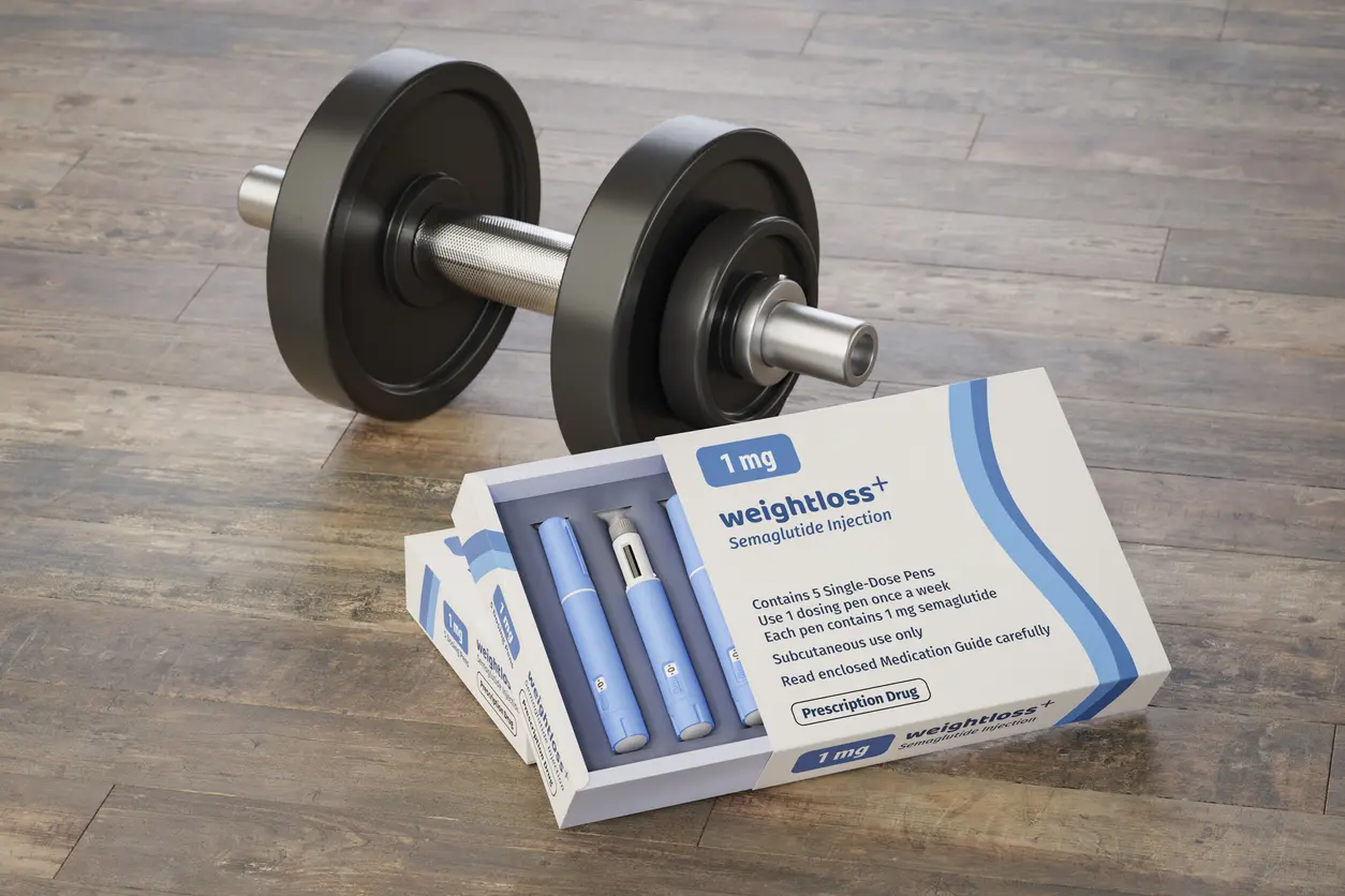 Semaglutide injection box and pens placed next to a dumbbell, representing weight management and hormone therapy. Explore: Is TRT covered by insurance?