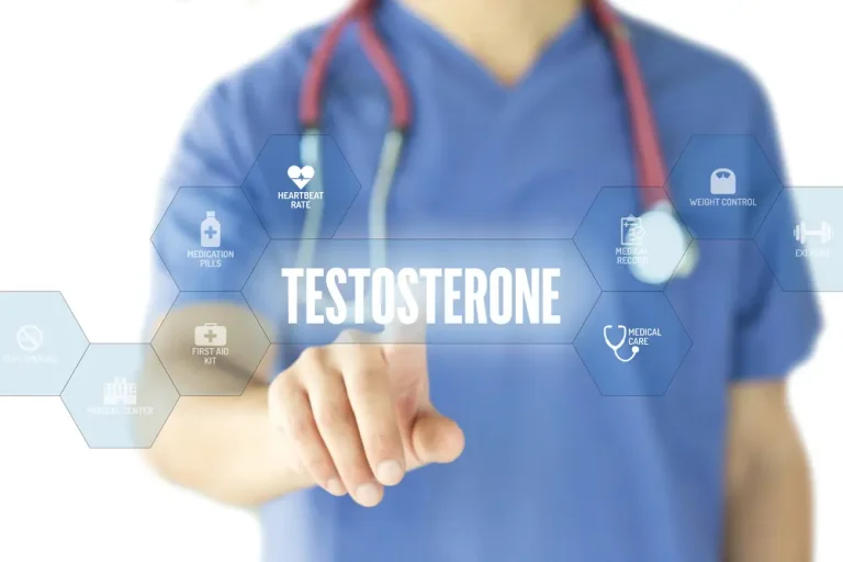 A healthcare professional pointing at a digital interface displaying "Testosterone" with medical icons, symbolizing a reliable TRT provider