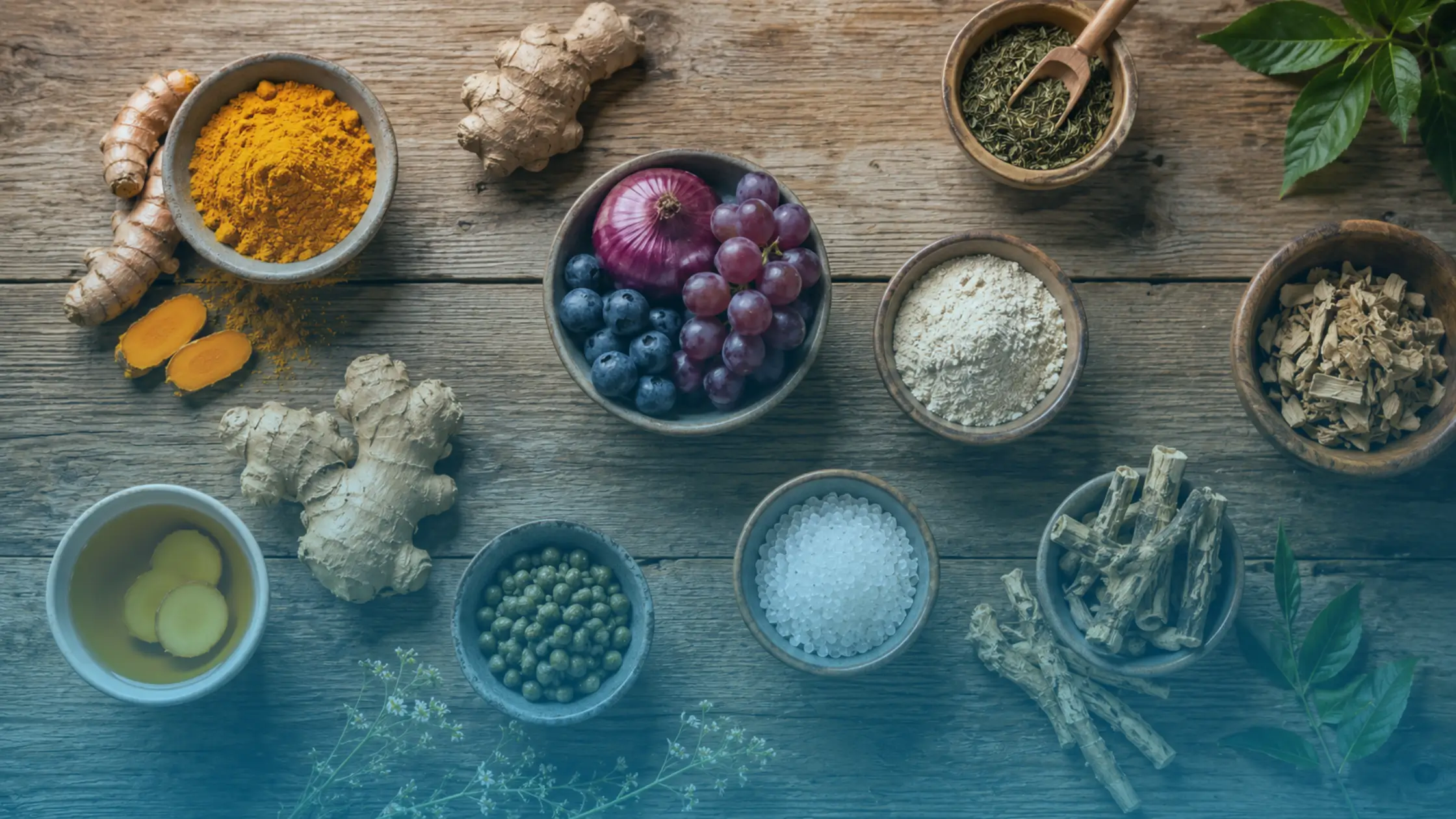 Bowls of natural foods and herbal ingredients on a wooden table representing natural alternatives to steroids and wellness support