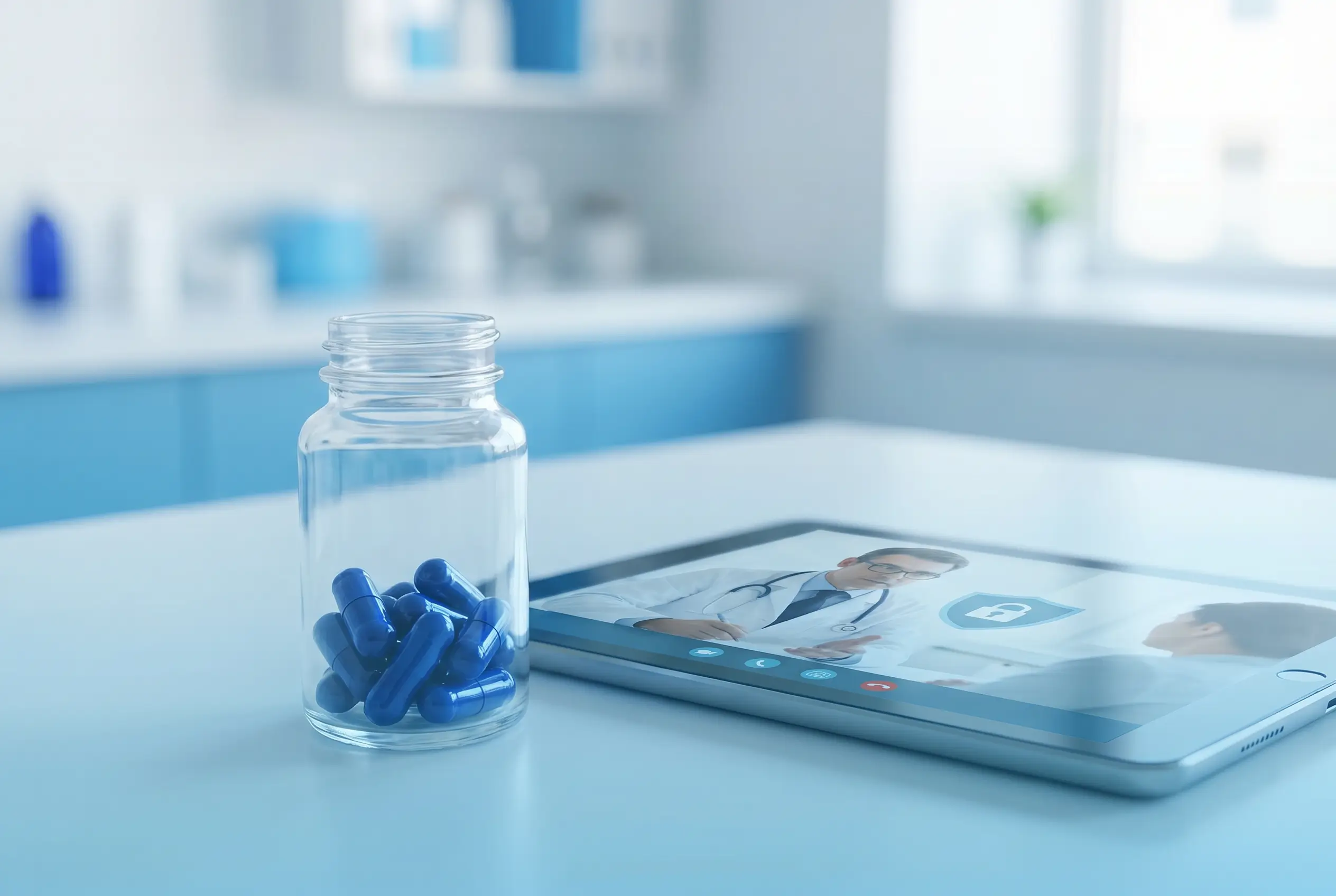 Methylene blue capsules in a glass bottle next to a telehealth consultation with a licensed doctor