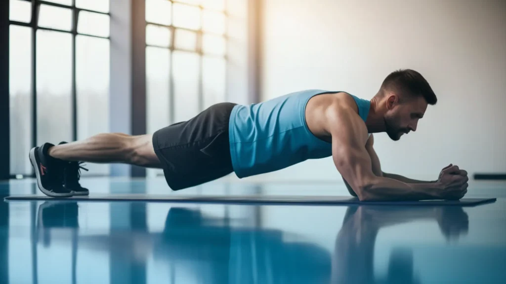 Man performing a plank exercise in the gym to improve strength and fitness during TRT therapy