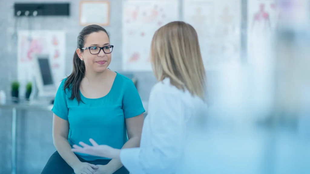 Female patient consulting a licensed doctor about Oxandrolone (Anavar) prescription for women through telehealth in the USA
