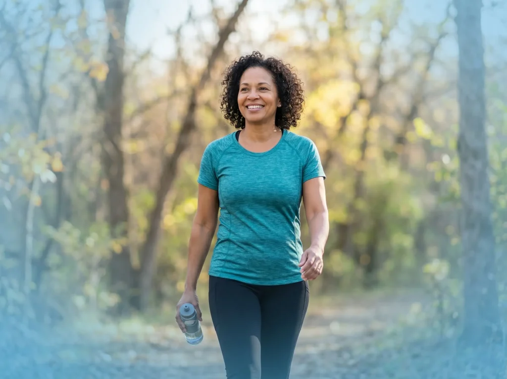 Happy active woman walking outdoors enjoying healthy weight loss results from Tirzepatide therapy through telehealth in the USA