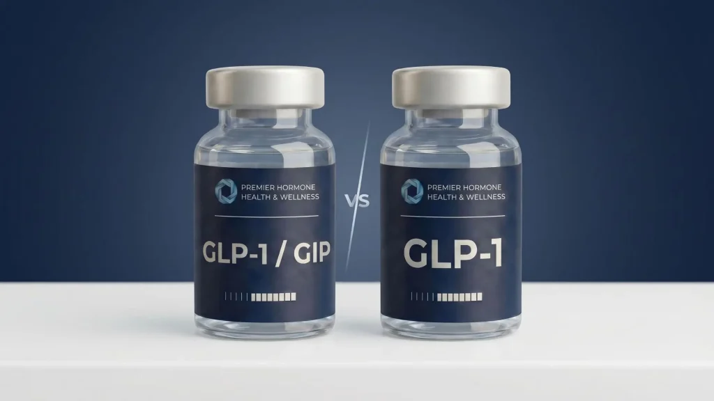 GLP-1 vs GLP-1/GIP comparison vials showing dual agonist vs standard GLP-1 for weight loss