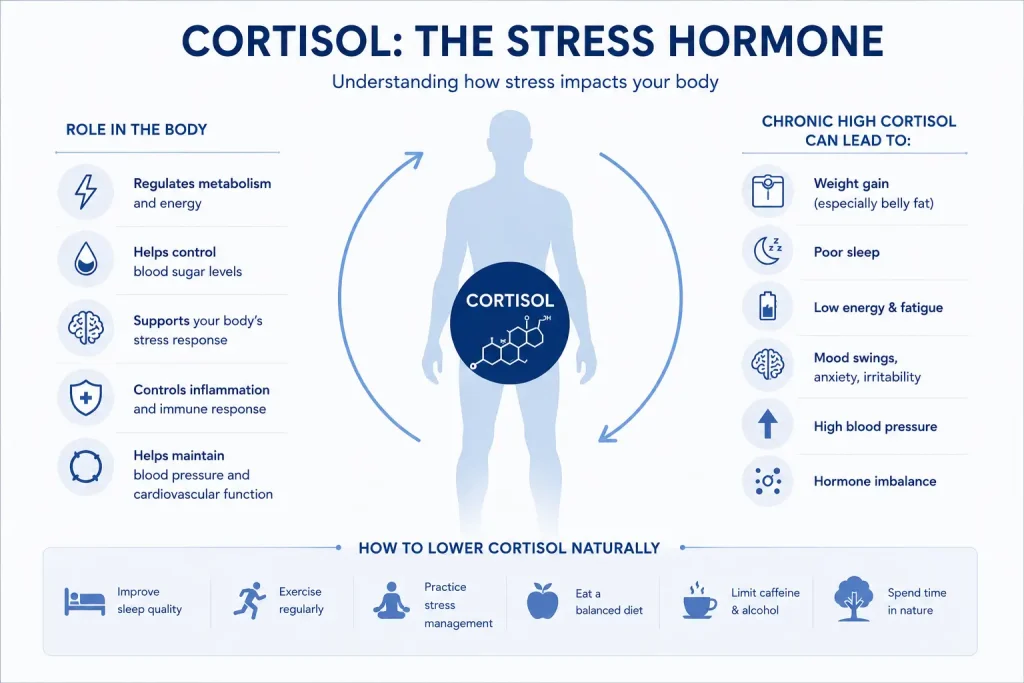 Cortisol infographic explaining how chronic stress affects hormones, sleep, energy, and metabolism