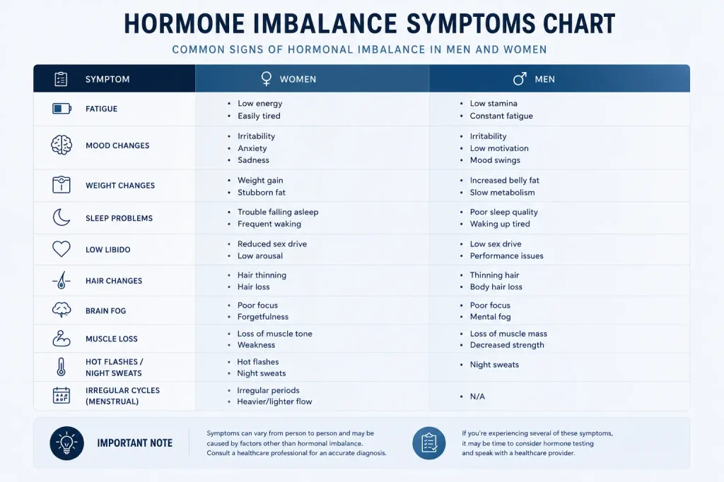 Chart showing common hormone imbalance symptoms including fatigue, weight gain, low libido, brain fog, and sleep issues