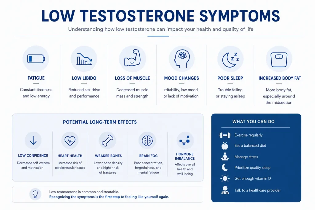 Infographic showing common symptoms of low testosterone including fatigue, low libido, weight gain, muscle loss, brain fog, and mood changes.