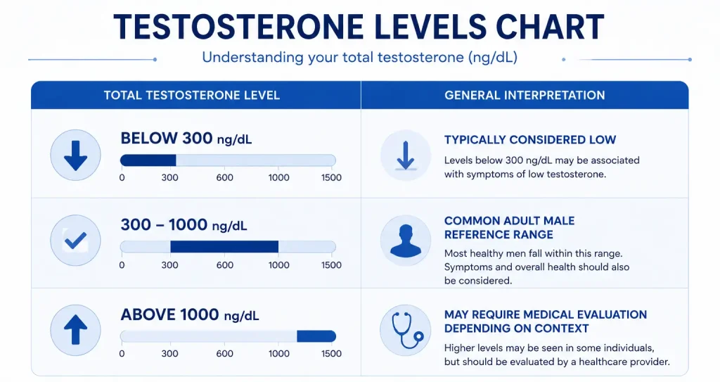 Chart displaying normal, borderline, and low testosterone levels used in medical hormone testing and TRT evaluation.
